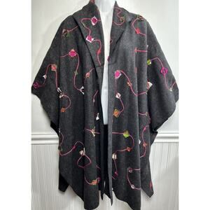 Dilemma New York Wool Cape Shawl Wrap Artsy Whimsy Gray Appliqué Tie Sides Vtg